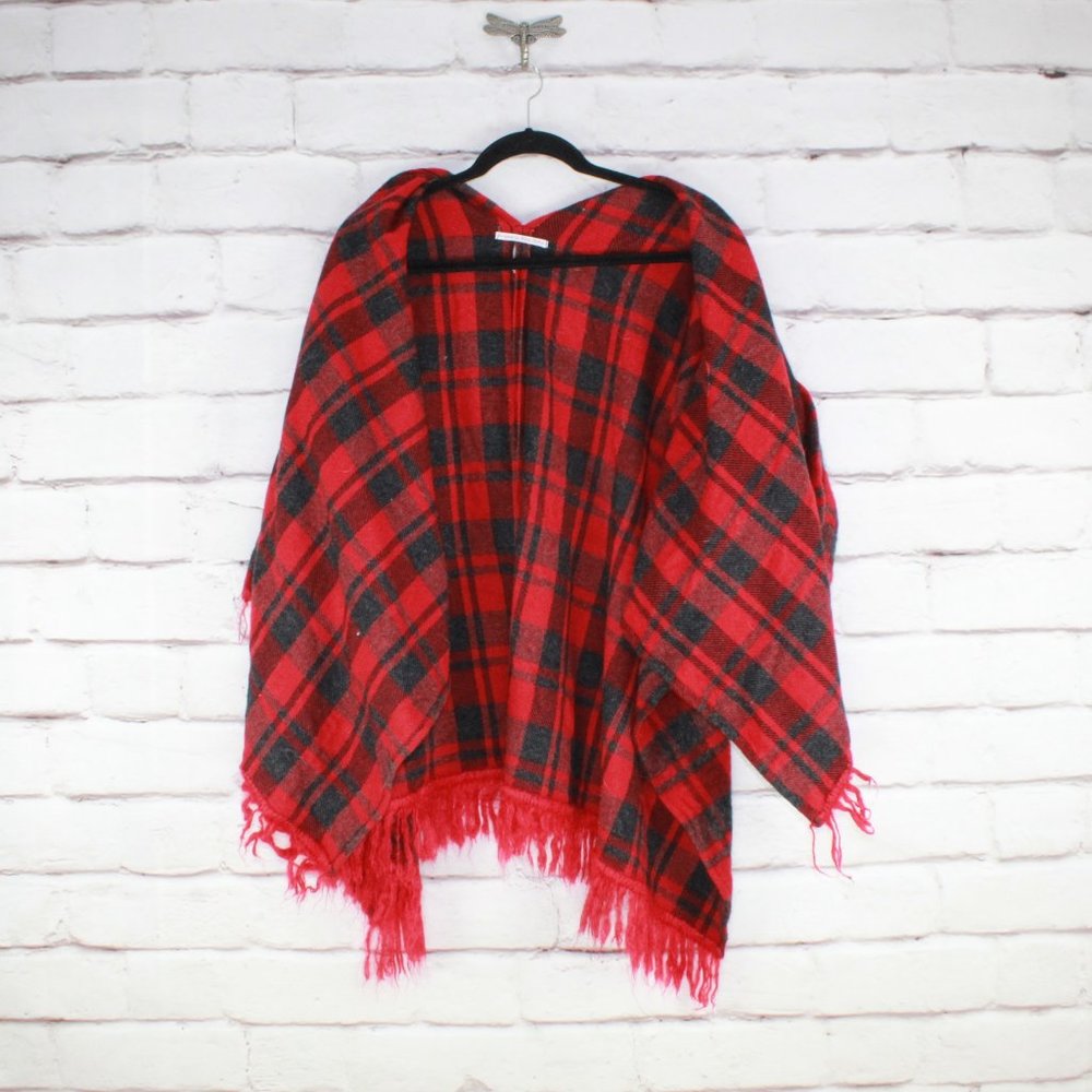 Diane Kirkup Red Flannel Poncho Fringe Hem Wrap Sweater Size OS - Picture 4 of 8